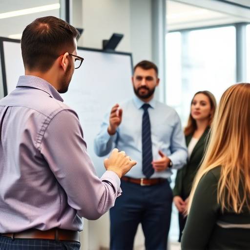企業研修の風景。講師が多数の従業員にスピーチスキルを教えている。