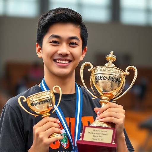 弁論大会で優勝した受講生の佐藤さんがトロフィーを持って笑顔で立っている写真